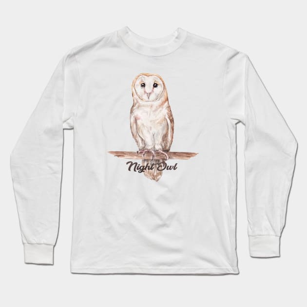 Night Owl Watercolor Cute Illustration Long Sleeve T-Shirt by wanderinglaur